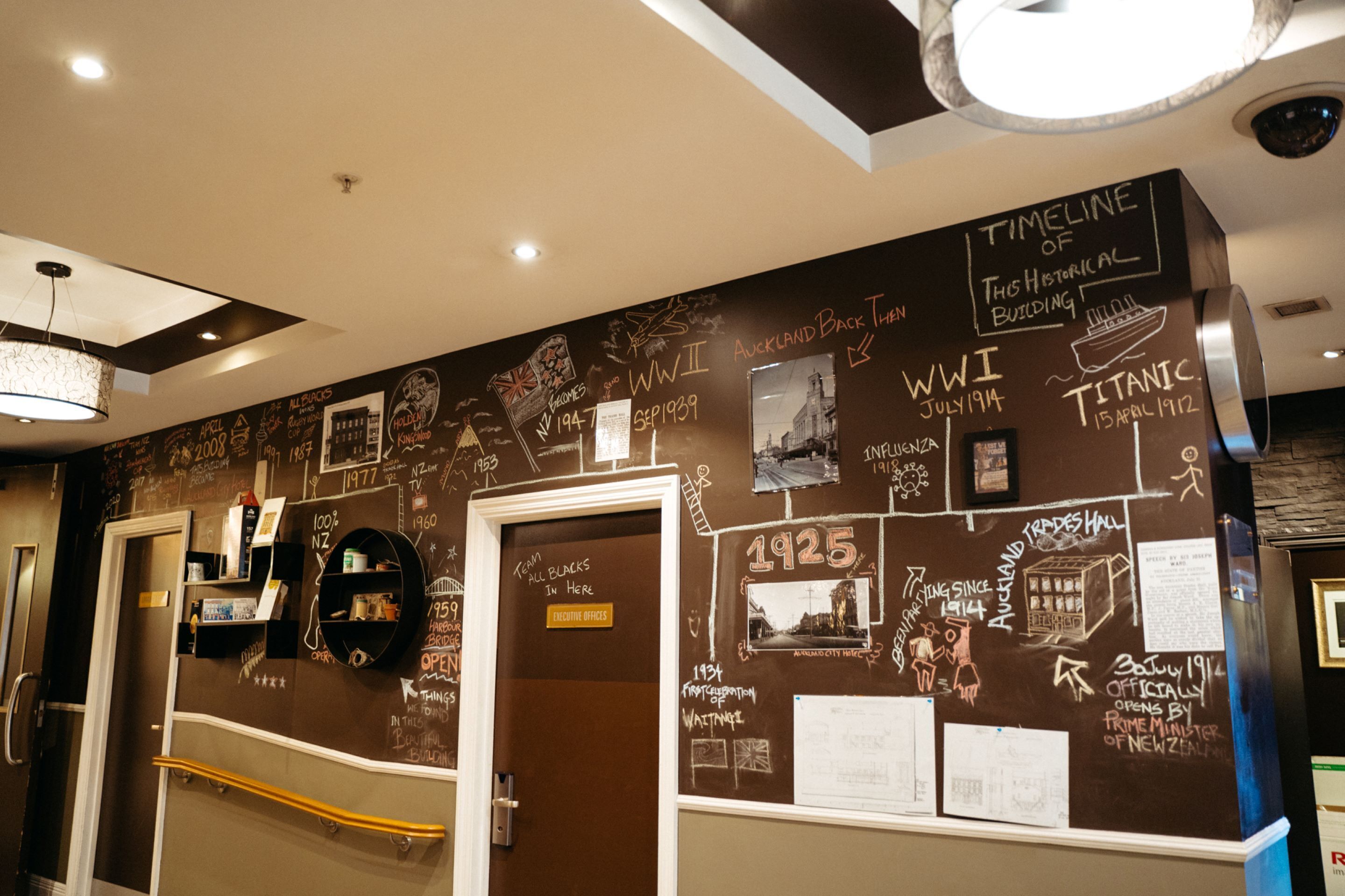 A hallway with a chalkboard wall displaying historical timelines and dates, a door with a sign, and a staircase.
