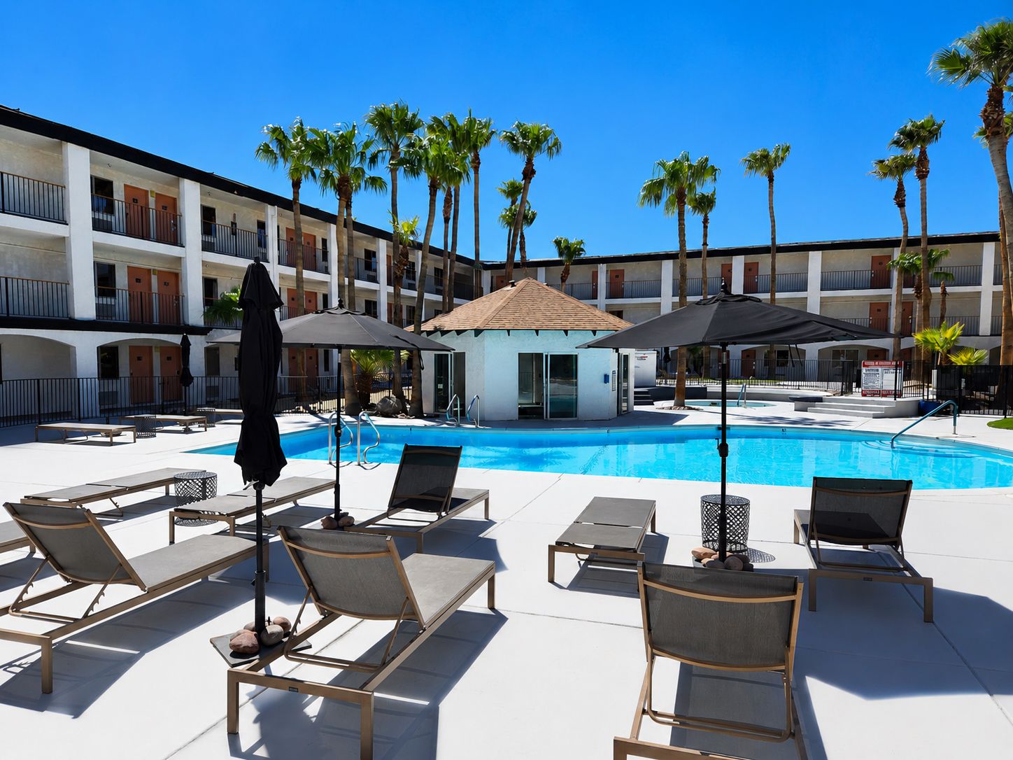 A poolside area with lounge chairs and umbrellas, a building with balconies, and palm trees.