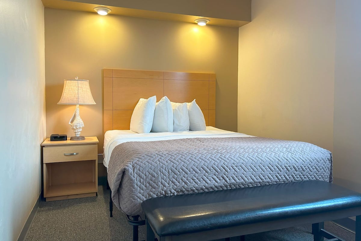 A hotel room with a bed, bedside table, lamp, and bench.