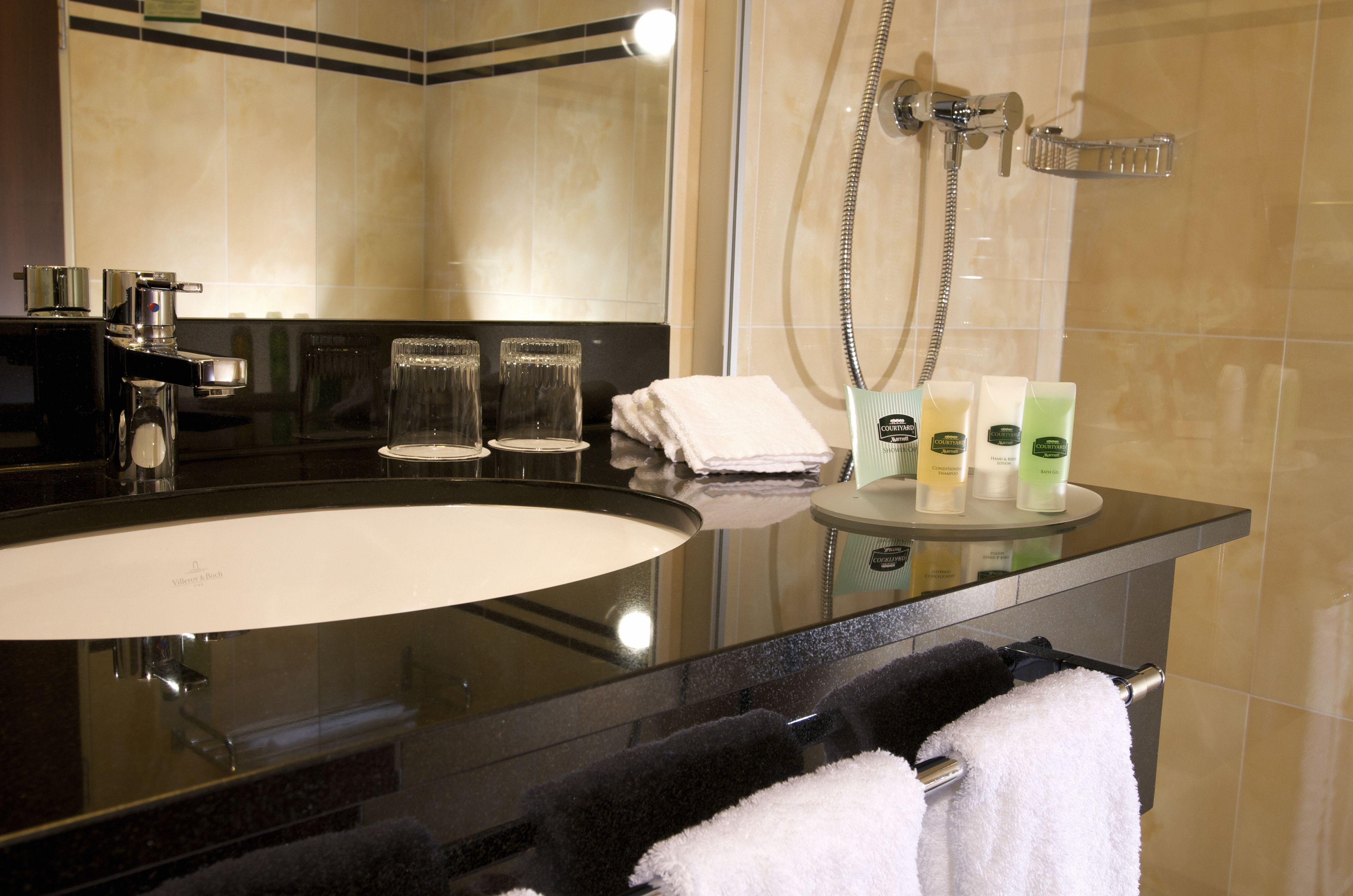 free toiletries, hair dryer, towels