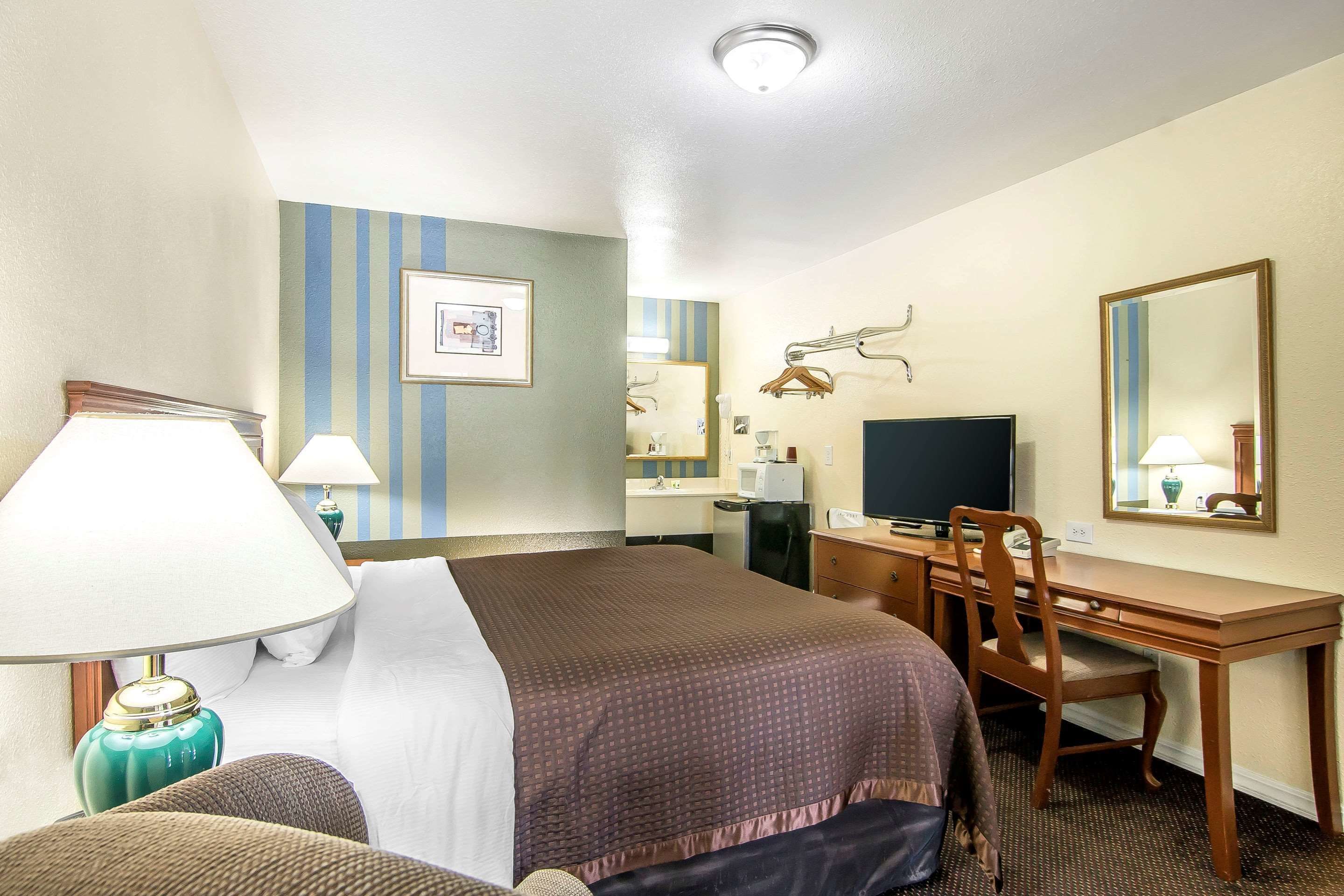 Habitación de hotel con cama, escritorio, silla, televisor y espejo.