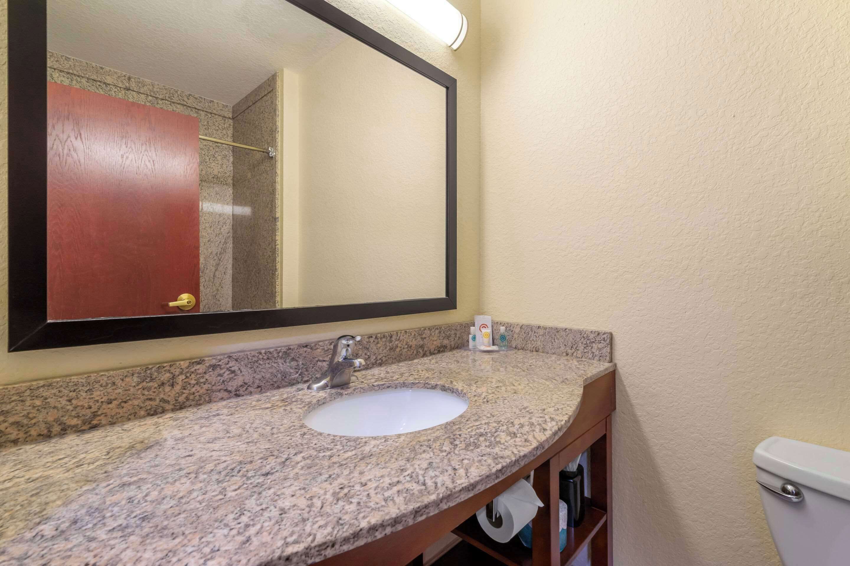 Une salle de bain avec un lavabo en granit, un miroir et des toilettes.