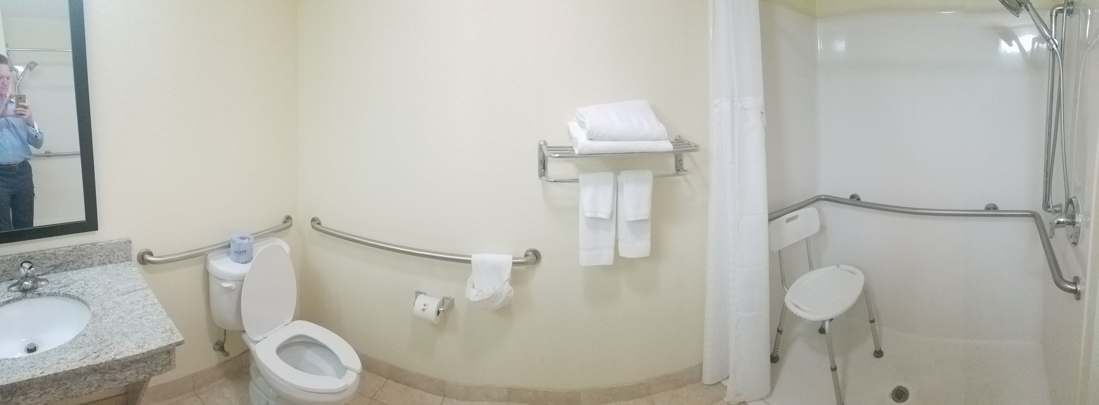 A bathroom with a toilet, sink, handrails, a shower area, and a towel rack.