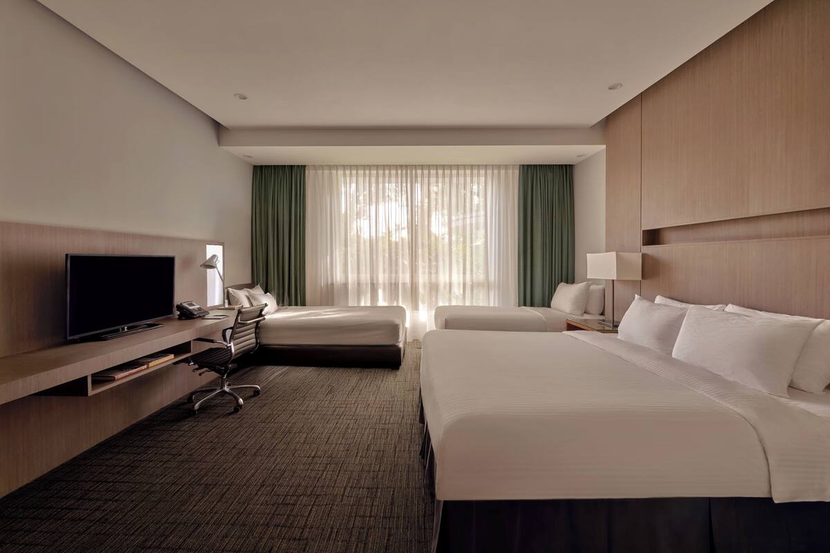 Habitació d'hotel amb un llit gran, una televisió, escriptori i una cadira.