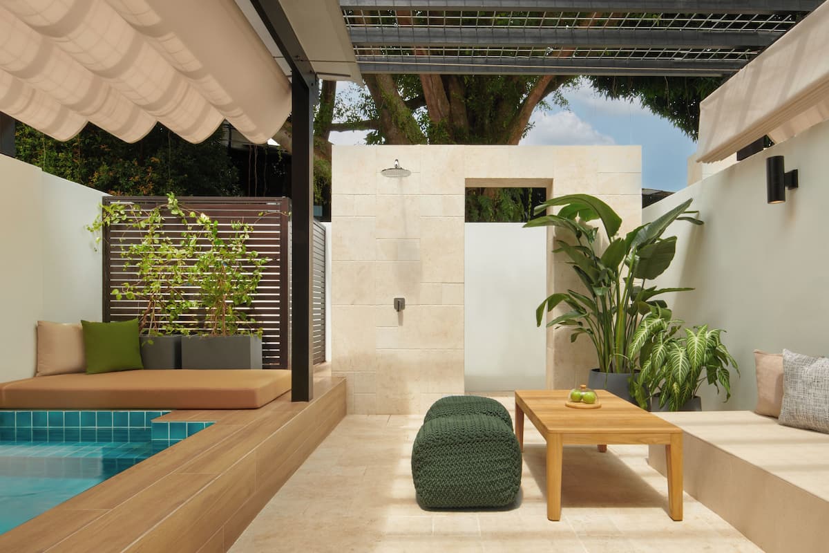 Zona exterior moderna amb piscina, seients i plantes en testos.