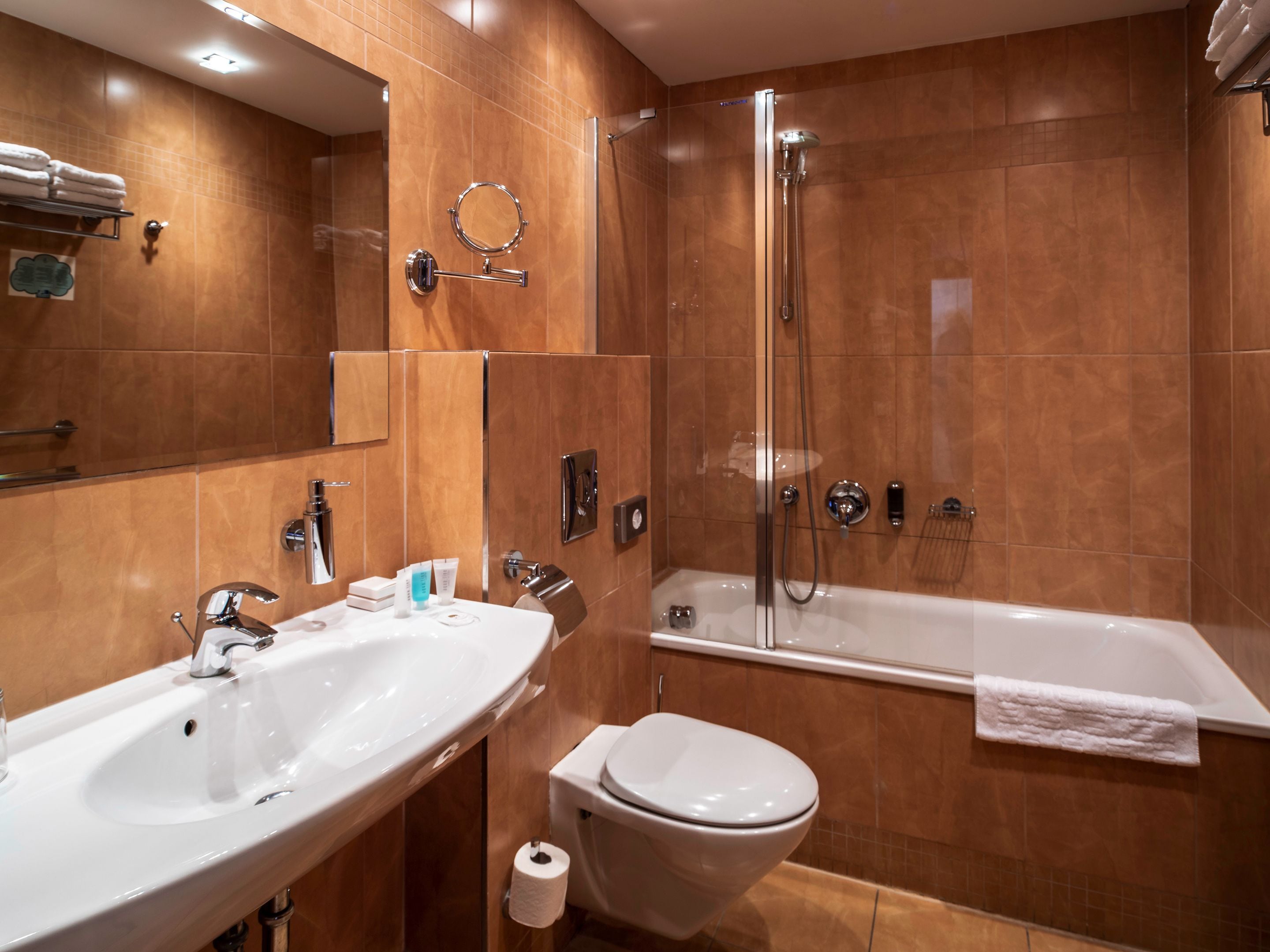 hair dryer, heated floors, towels, soap