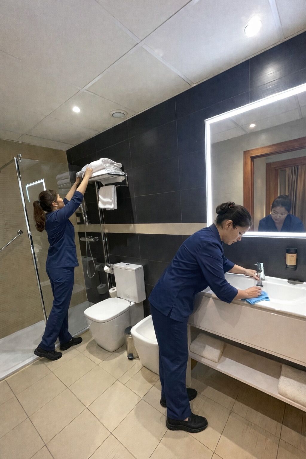 Een moderne badkamer met een douchecabine van glas, een wit toilet en een wastafel met spiegel.
