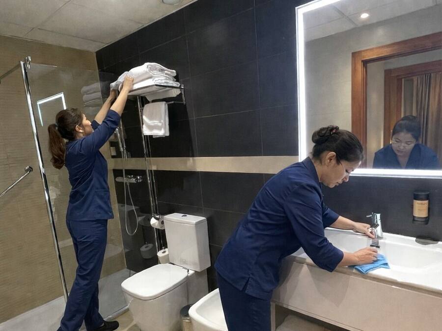 A modern bathroom with a glass shower enclosure, a white toilet, and a sink with a mirror.