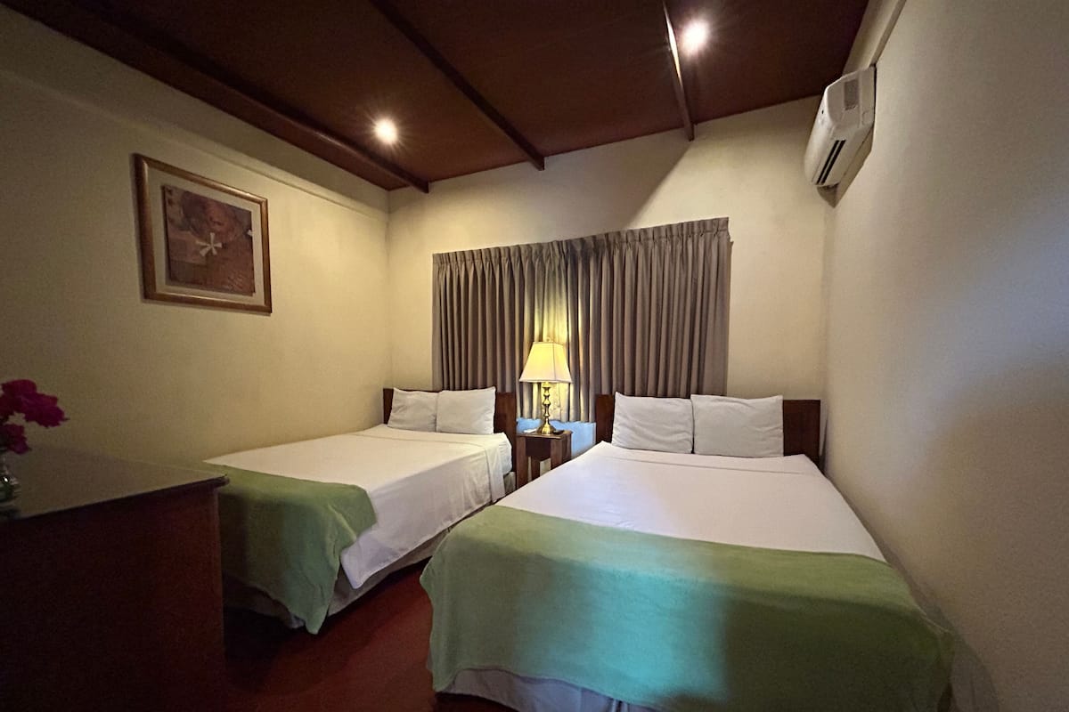 A hotel room with two single beds, a nightstand with a lamp, a framed picture on the wall, and an air conditioning unit.
