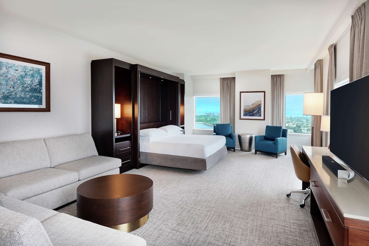 A hotel room with a bed, a sofa, a desk, a TV, and a view of the city.