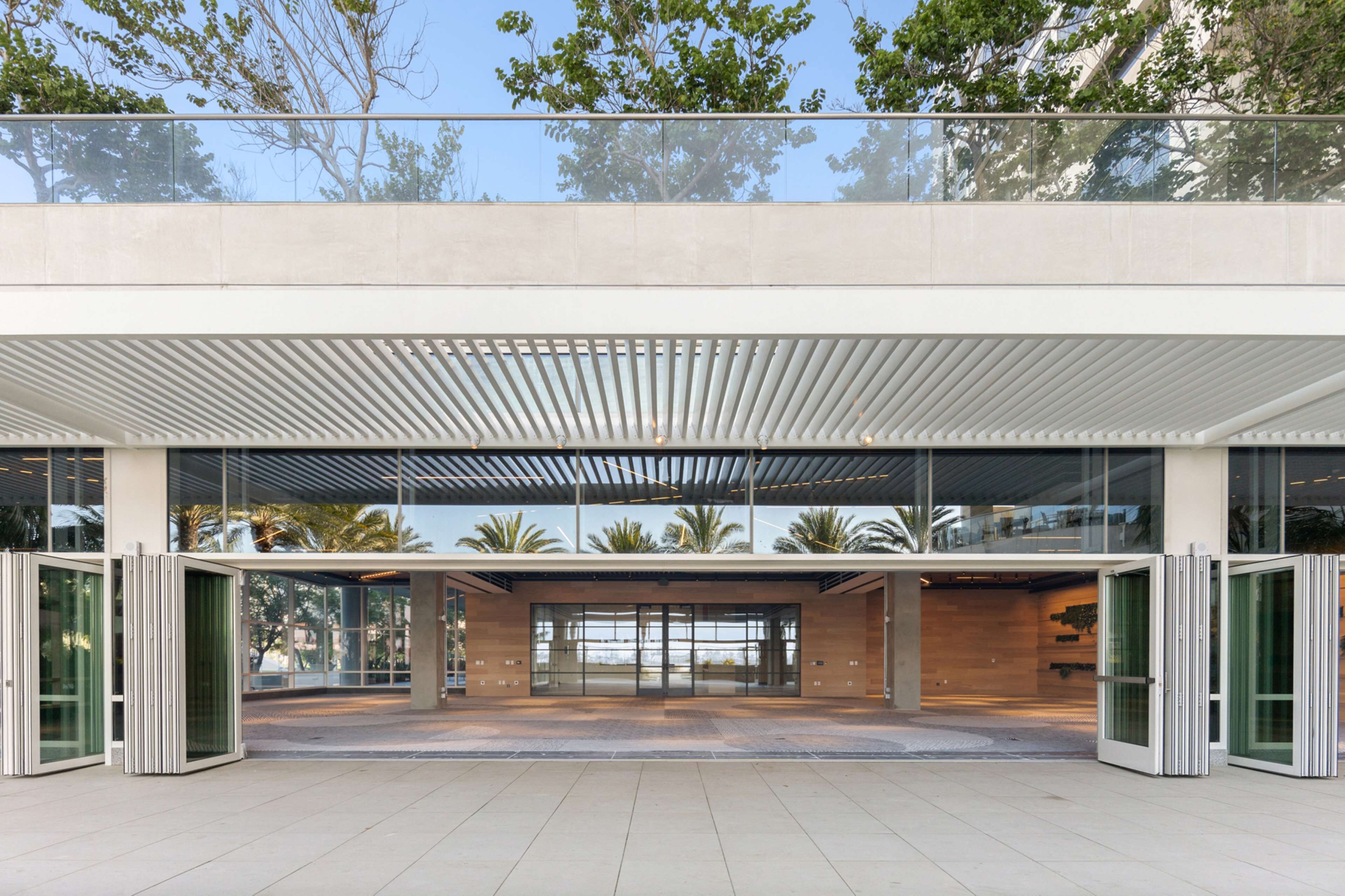 Une entrée moderne avec une façade en verre, un espace d’entrée abrité et une vue sur des palmiers et un ciel dégagé.