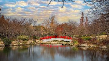A serene park with a red bridge over a calm lake, surrounded by trees and shrubs.