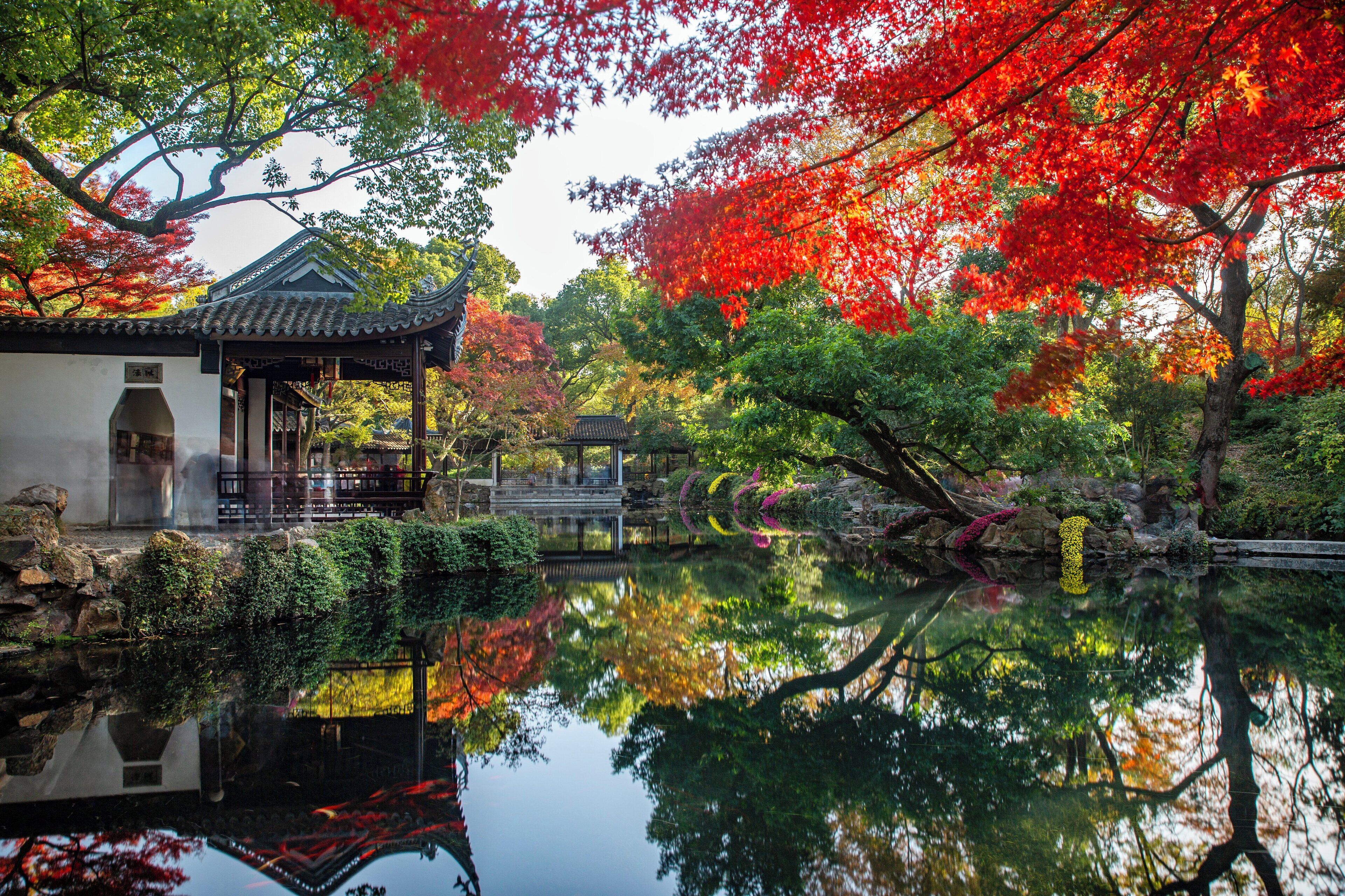 A traditional Japanese garden with a pond, reflecting the surrounding trees and structures.