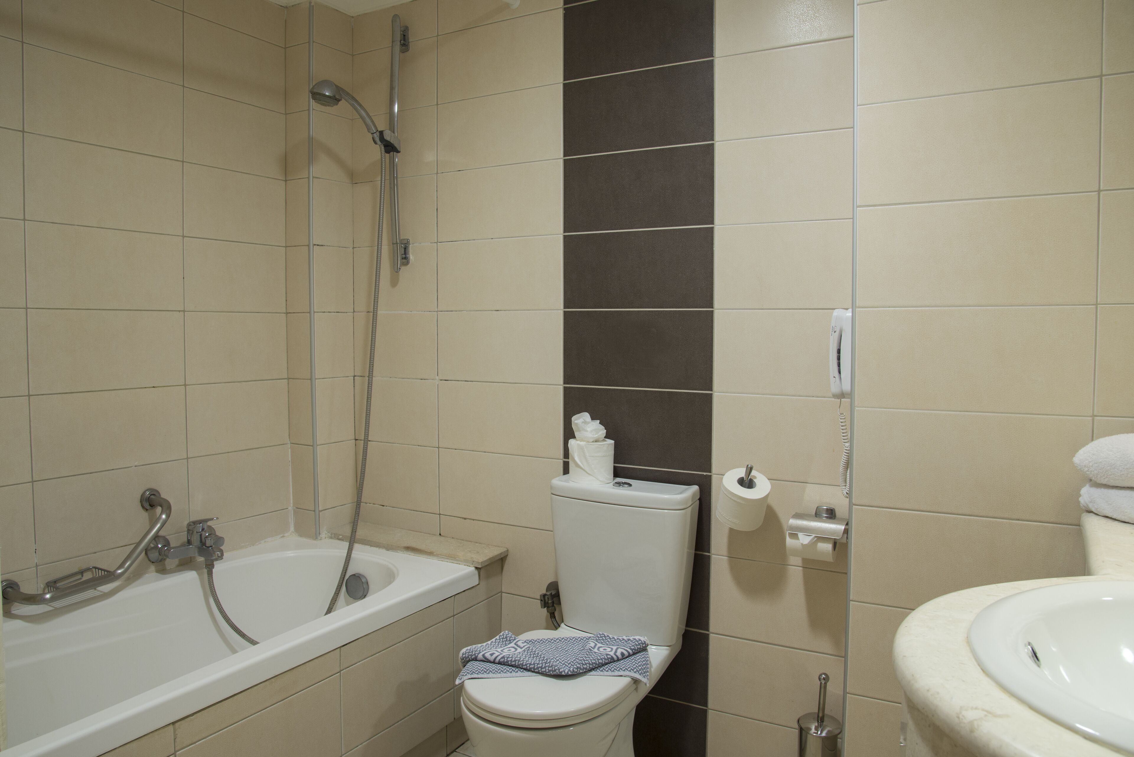 combined shower/bathtub, hair dryer, towels