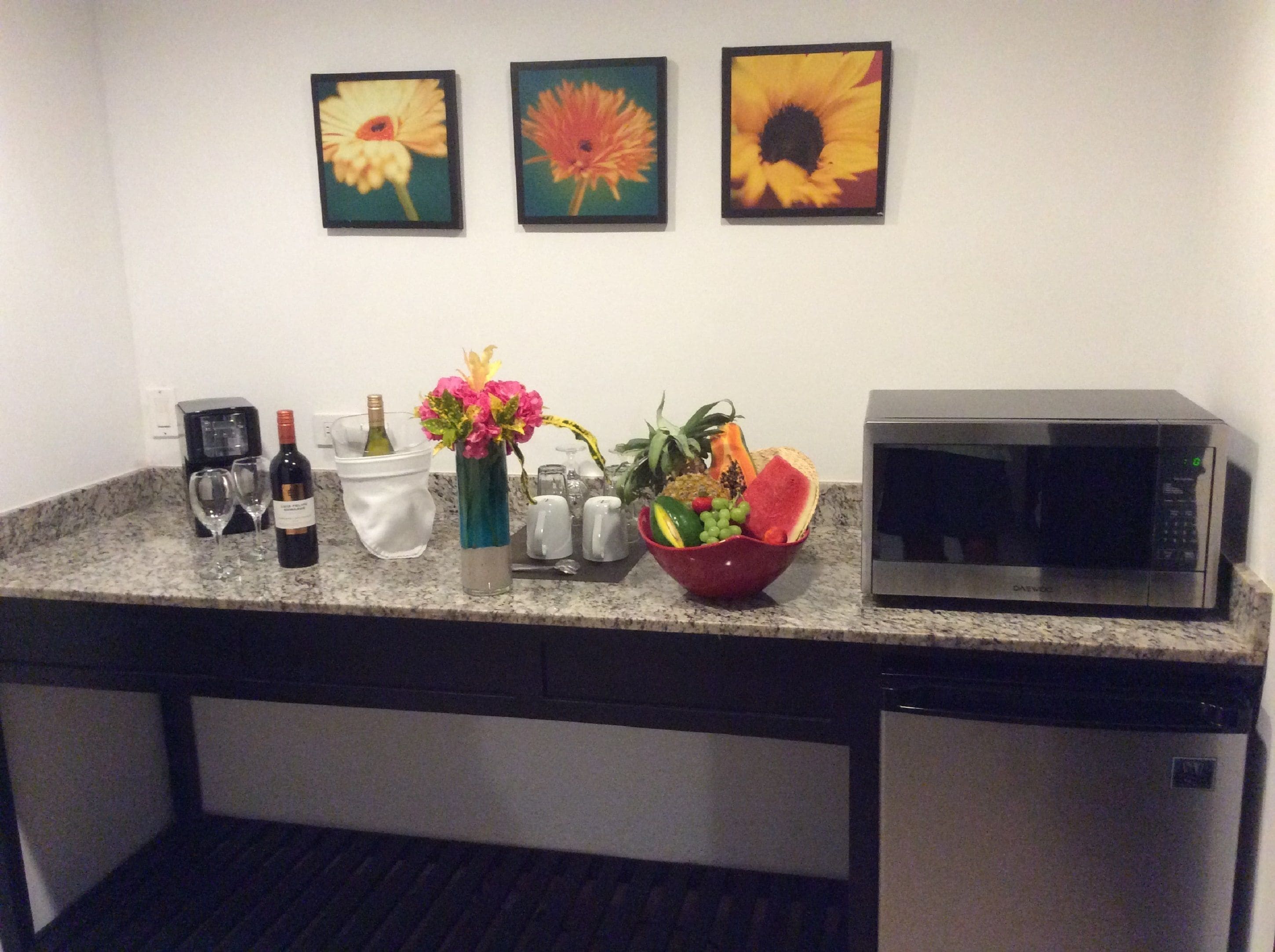 microwave, coffee/tea maker, toaster, paper towels