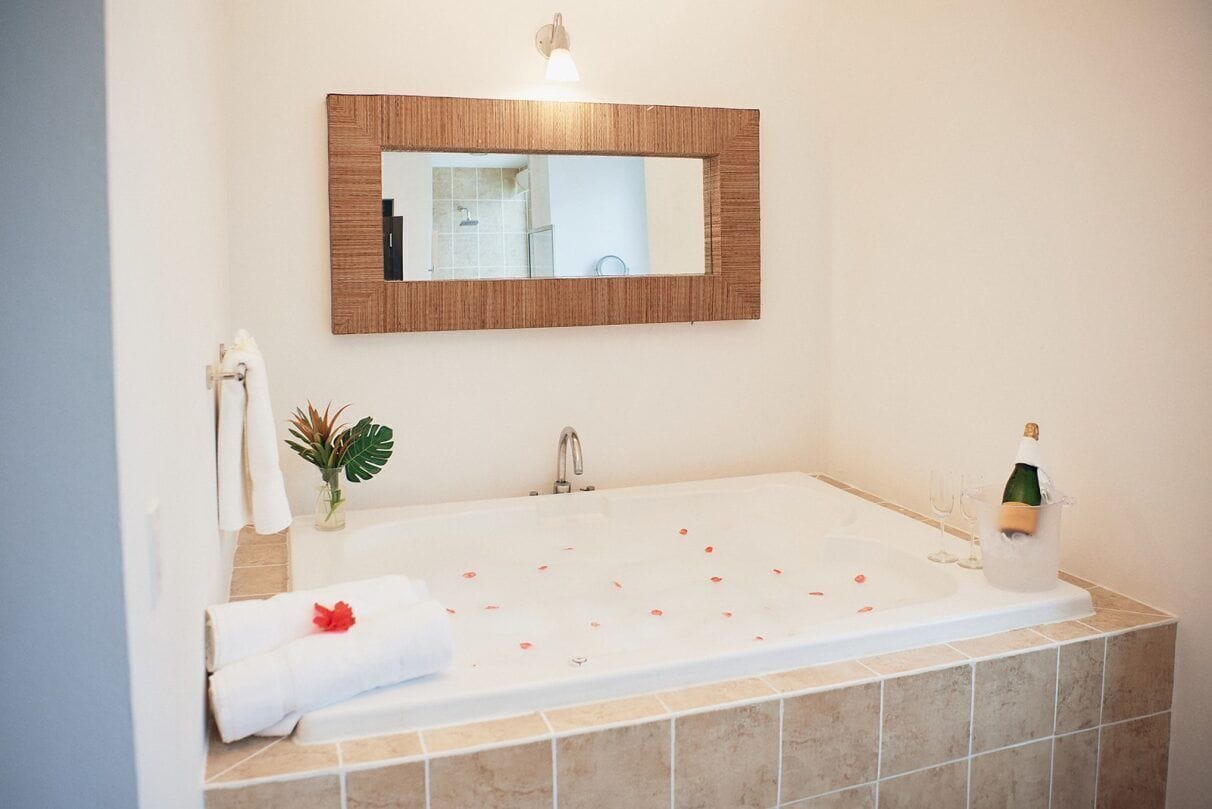 A bathroom with a large bathtub, a wooden-framed mirror, a potted plant, a towel, and a bottle of champagne.