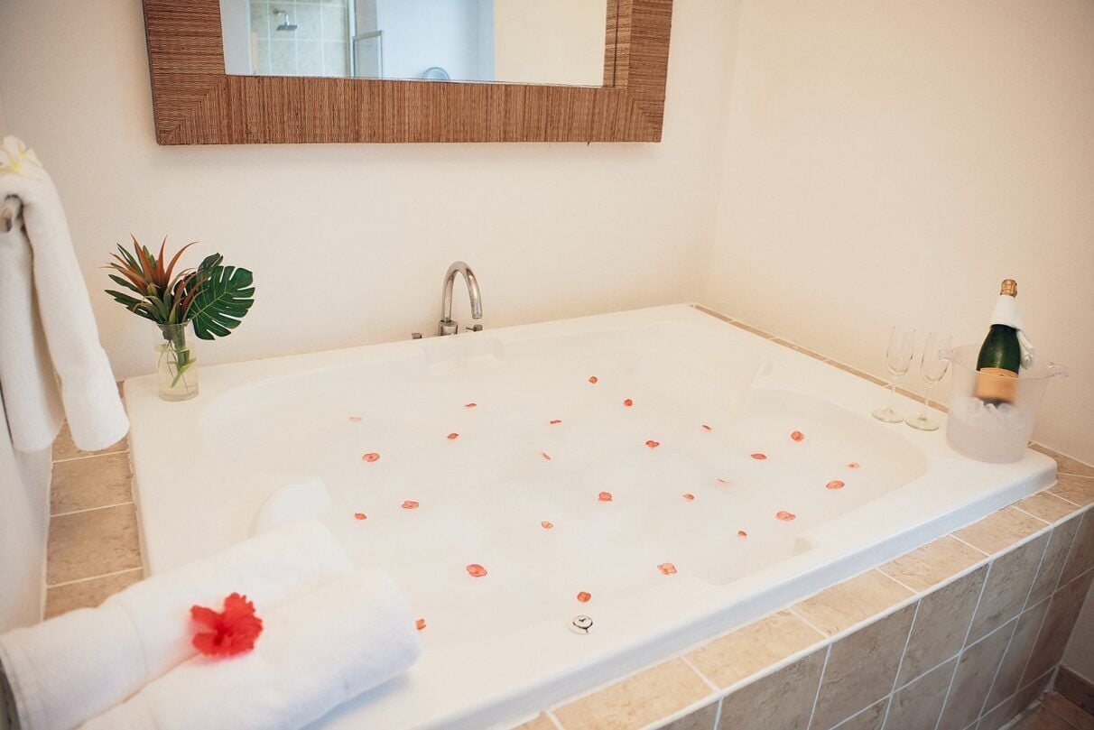 A bathroom with a large bathtub, a mirror, a plant, and a bottle of champagne.