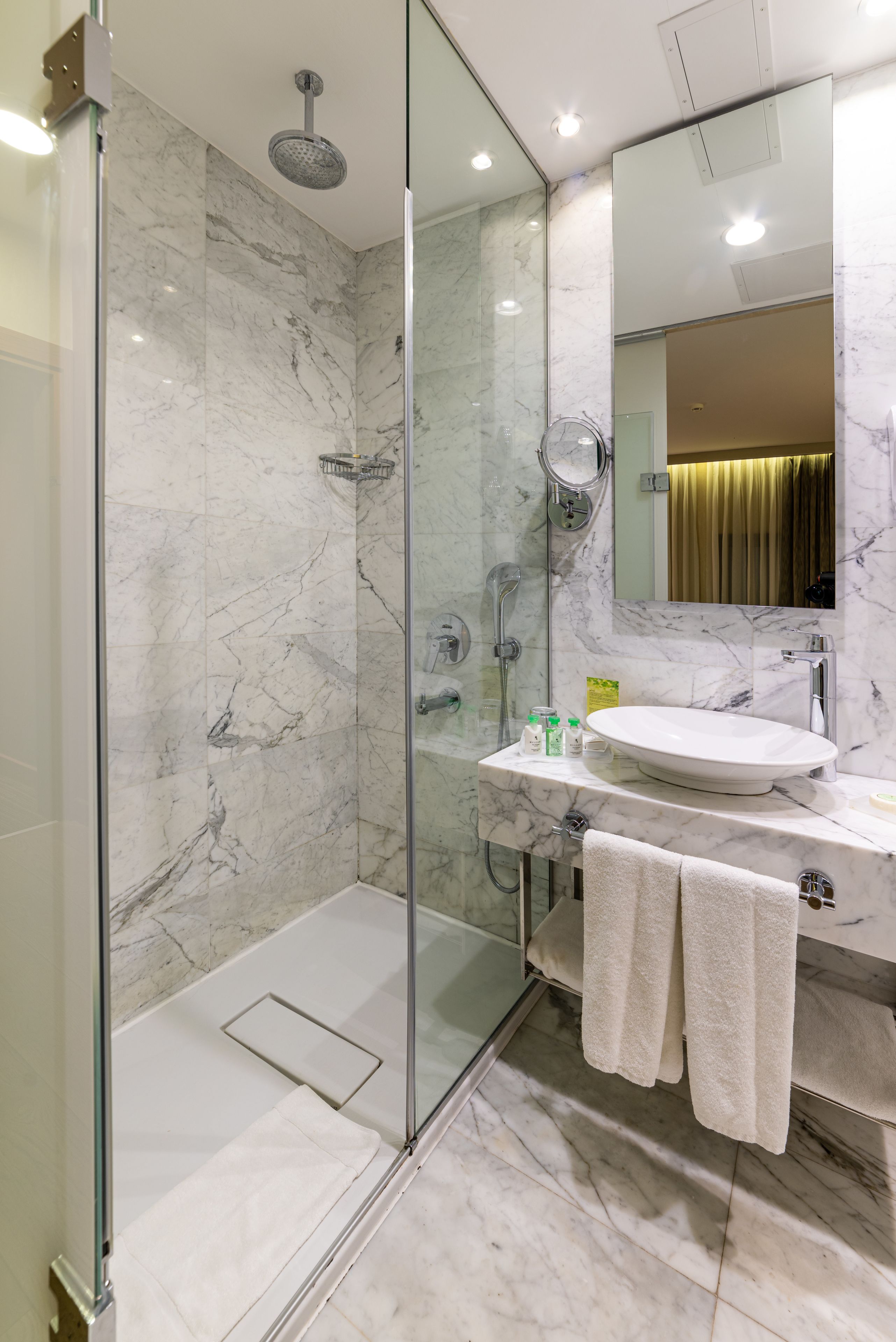 shower, rainfall showerhead, designer toiletries, hair dryer