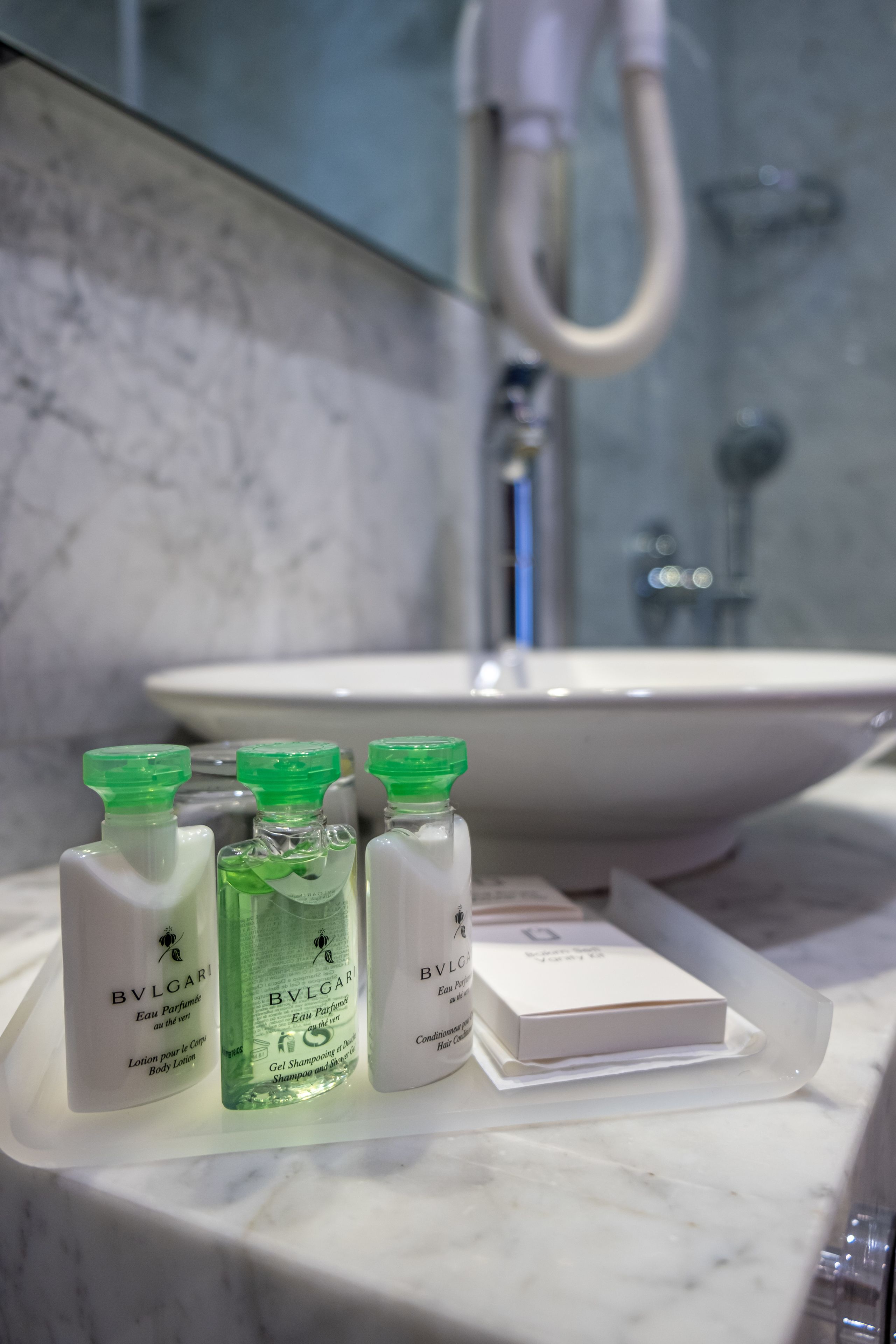 shower, rainfall showerhead, designer toiletries, hair dryer