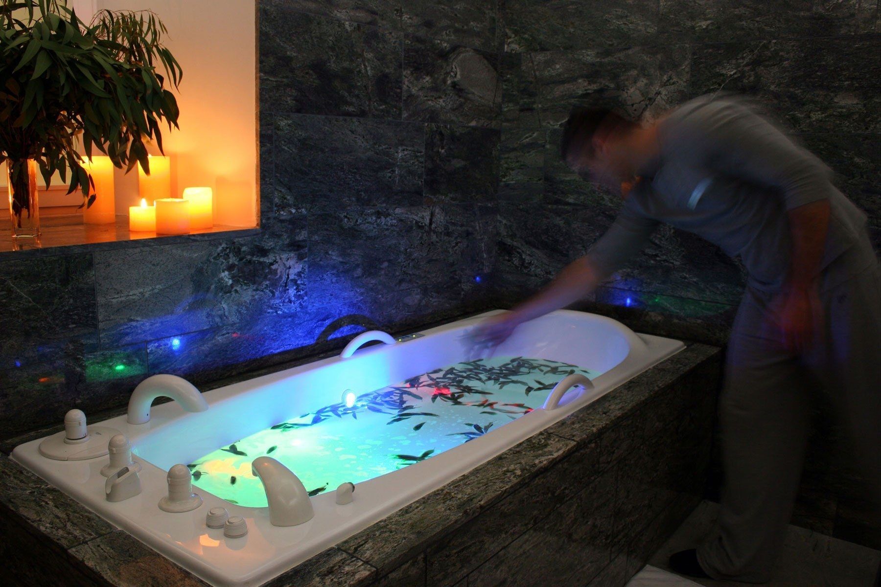 Un hombre en un entorno tipo spa con una bañera grande llena de peces, rodeado de una pared de piedra oscura y una planta.