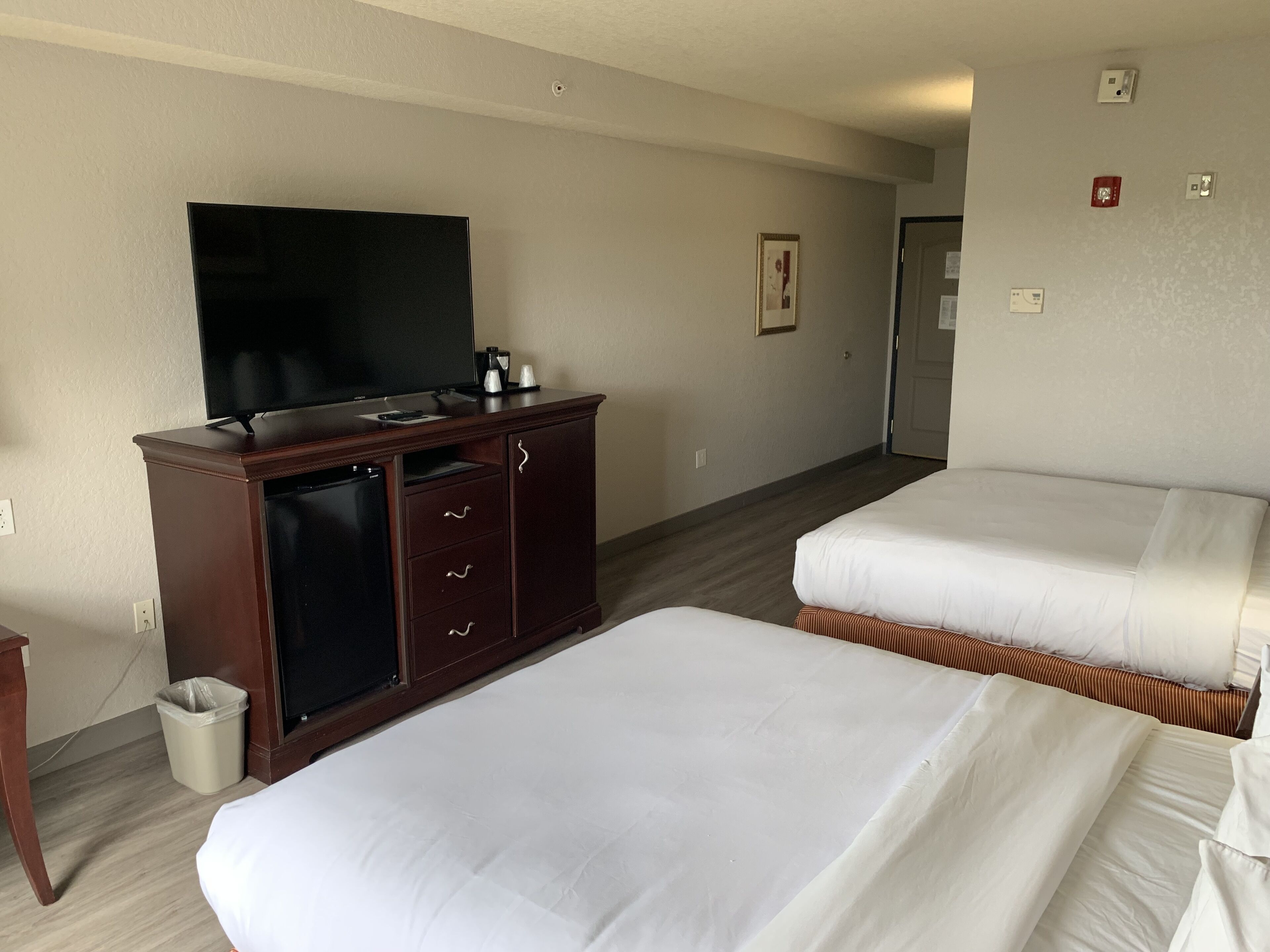 Habitación de hotel con dos camas, televisión, minibar y un cubo de basura.