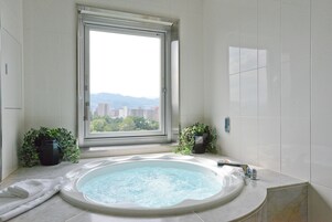 Combined shower/tub, free toiletries, hair dryer, slippers