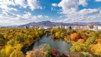 A cityscape with a river, autumn foliage, and mountains in the background.