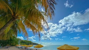 Une plage avec des chaises longues et des parasols jaunes, des palmiers et un ciel dégagé.