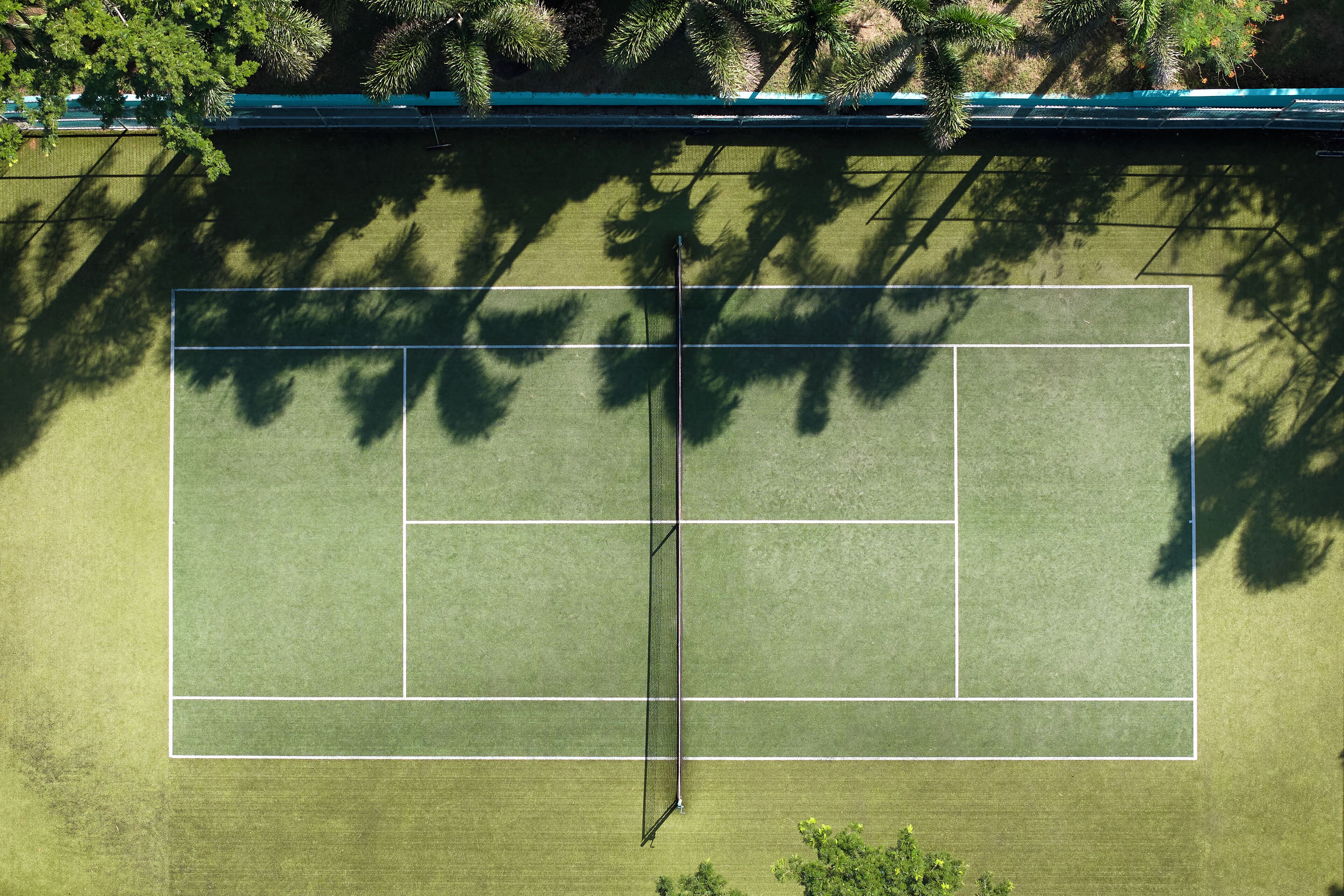 Vue aérienne d’un court de tennis avec un filet, entouré d’arbres.