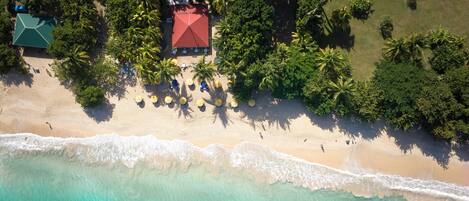 An aerial view of a beach with a red-roofed building surrounded by palm trees and beach umbrellas.
