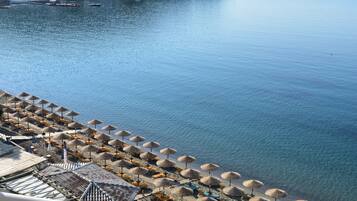 On the beach, sun-loungers, beach umbrellas, beach towels