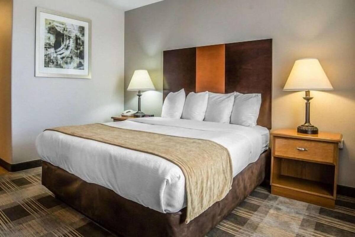 Une chambre d’hôtel avec un grand lit, deux tables de chevet avec des lampes, un tableau encadré au mur et un sol recouvert de moquette.