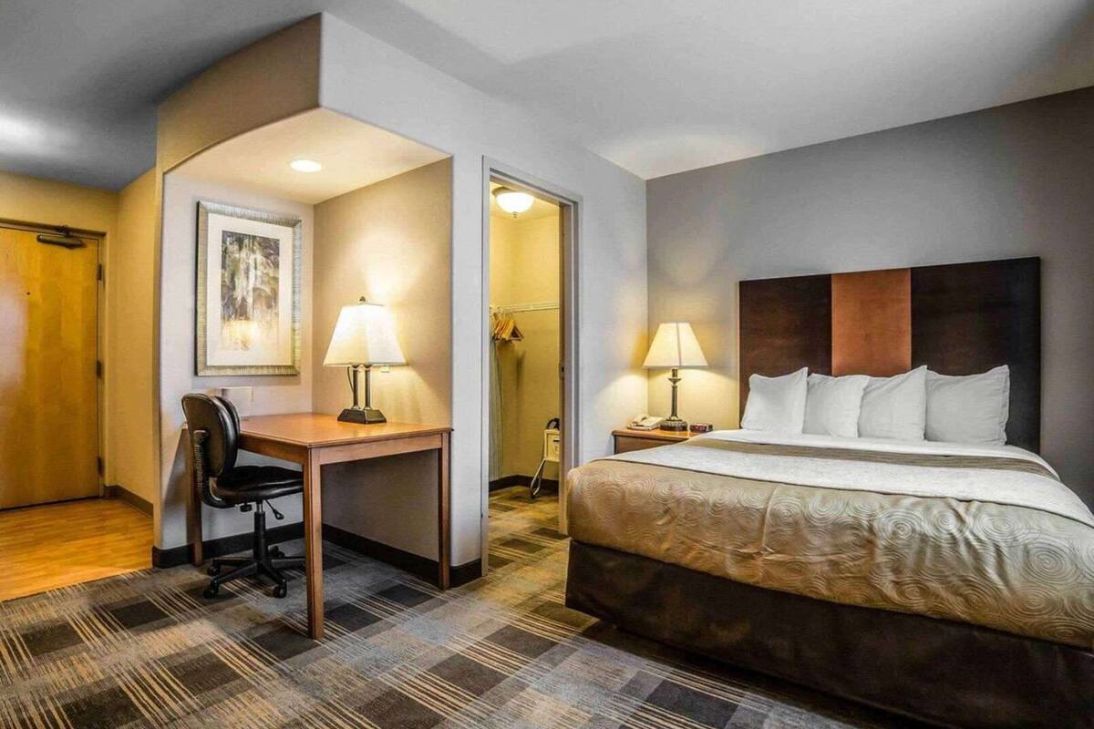 Une chambre d’hôtel avec un lit, un bureau, une chaise, des lampes et un tableau encadré au mur.