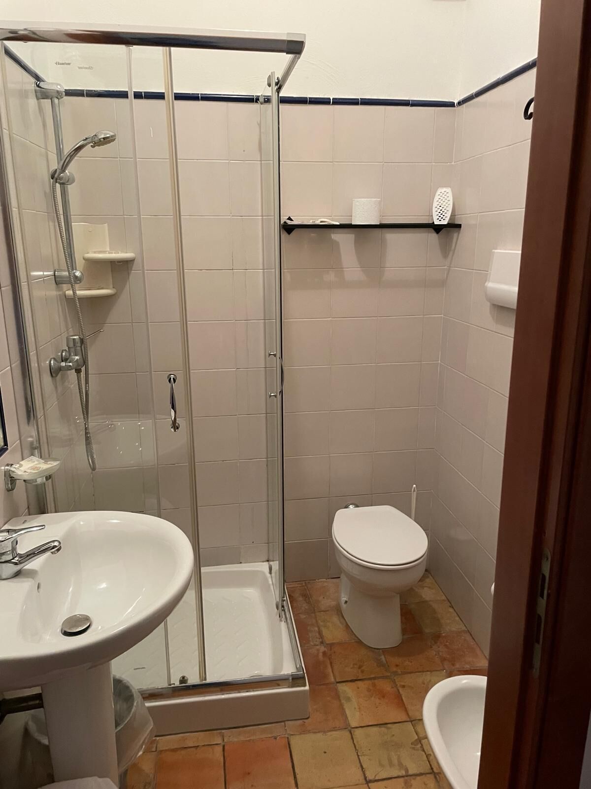 A bathroom with a glass-enclosed shower, a white sink, a toilet, and a bidet.