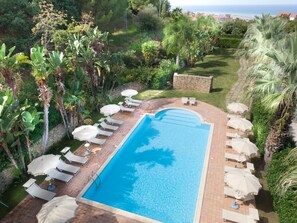 Relax by the serene pool surrounded by lush greenery and palm trees.