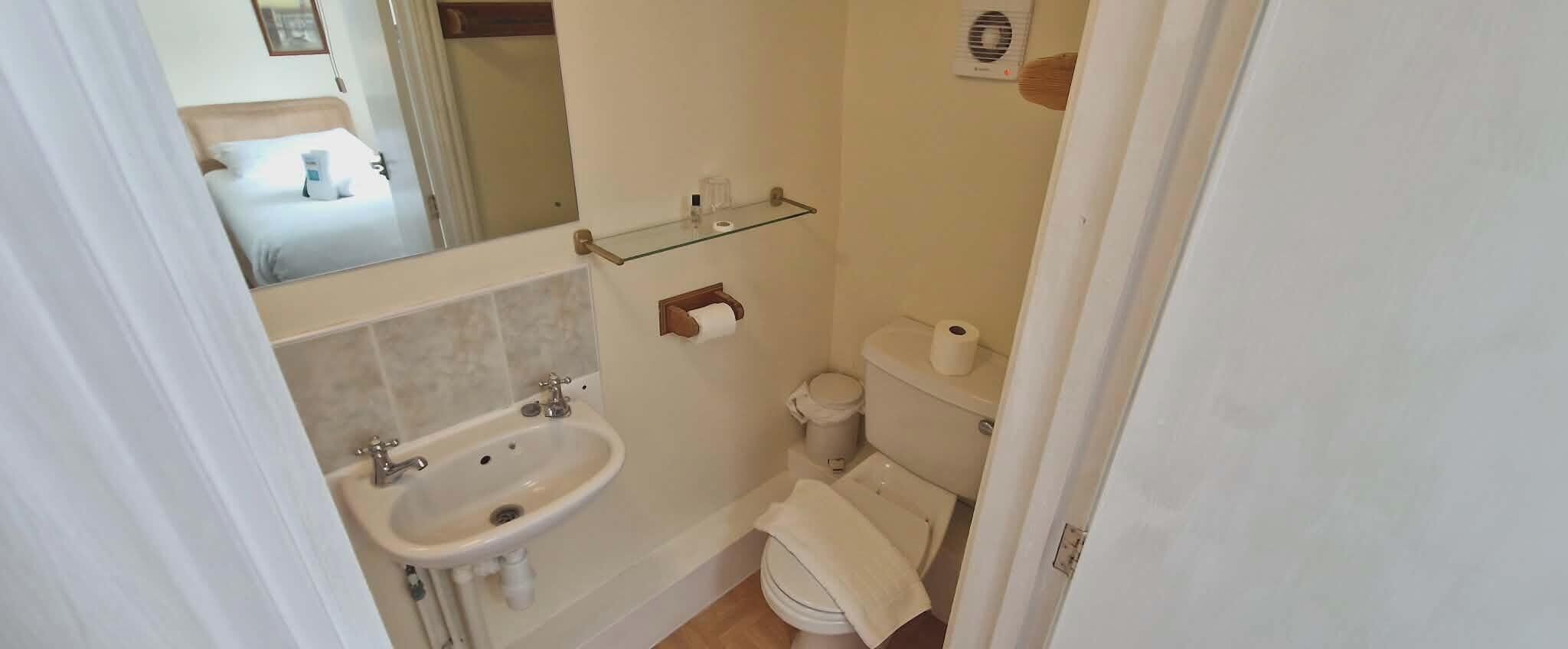 A small bathroom with a sink, toilet, and mirror.