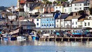 A harbor with boats and a building with a blue facade.