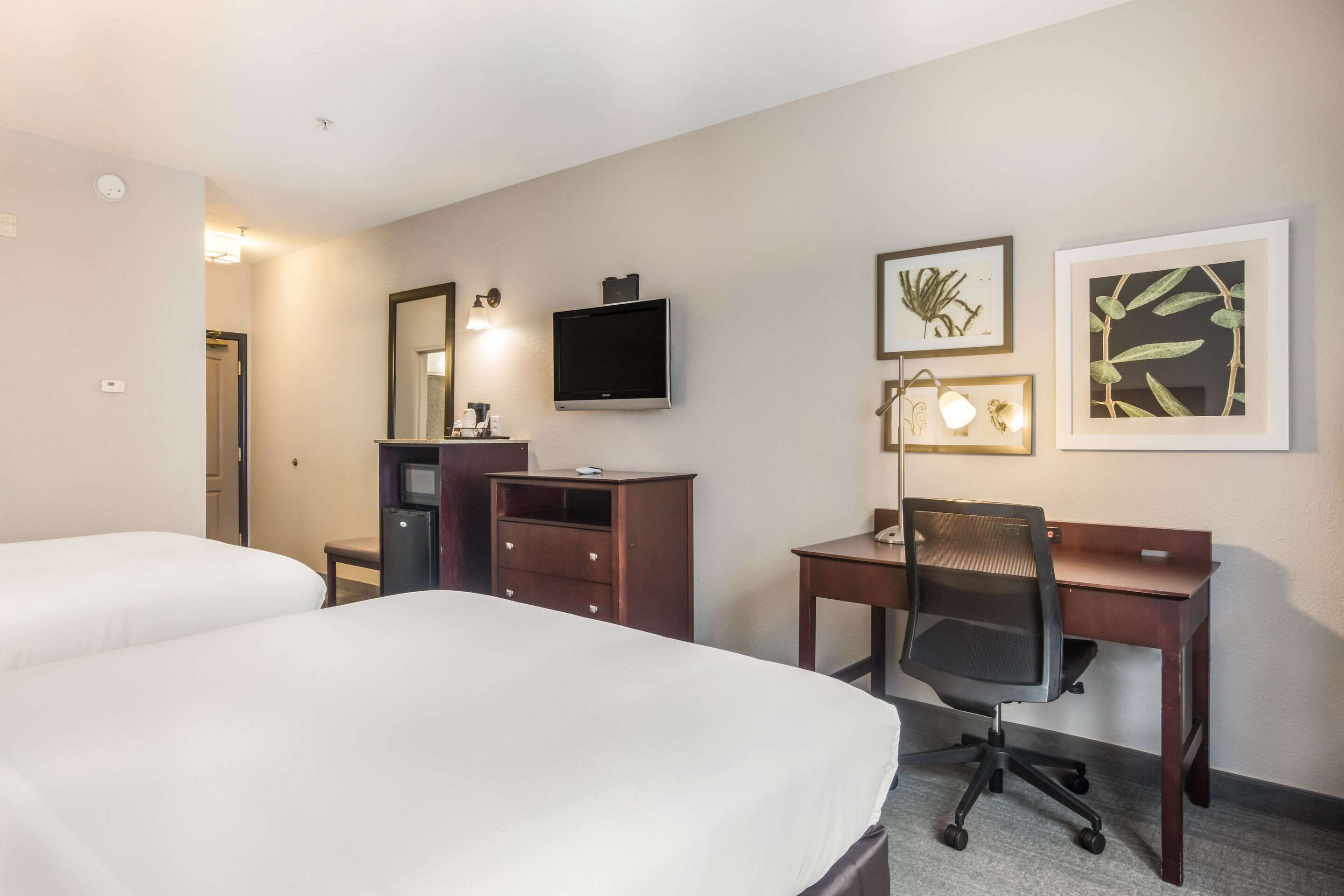 A hotel room with two beds, a desk with a chair, a television, a desk lamp, and framed botanical artwork on the wall.