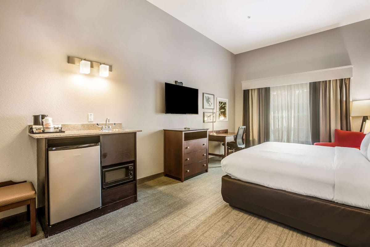 Une chambre d’hôtel équipée d’un lit, d’un bureau, d’une télévision et d’un mini-bar.