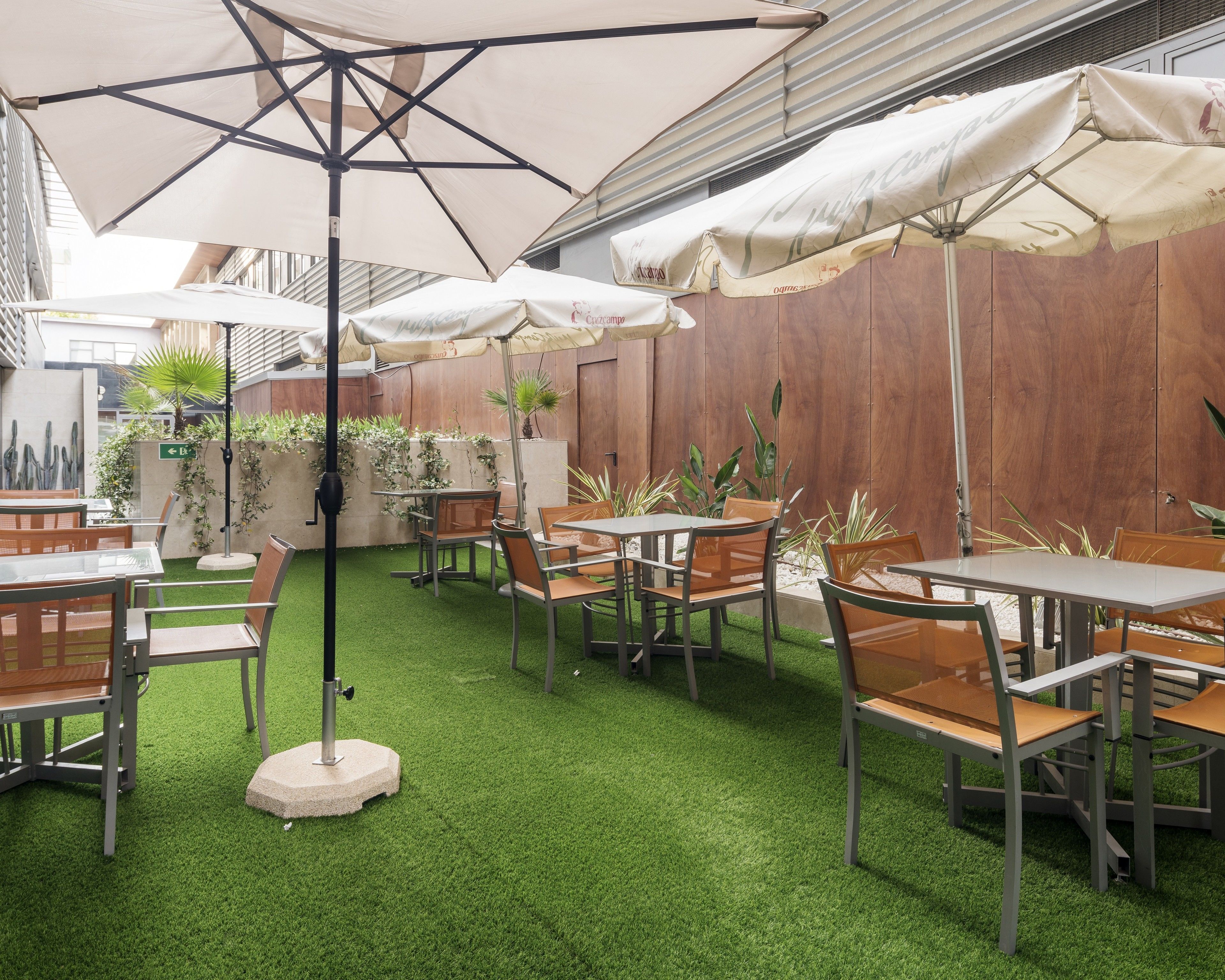 Un patio al aire libre con mesas y sillas, cubierto por sombrillas y rodeado de plantas.