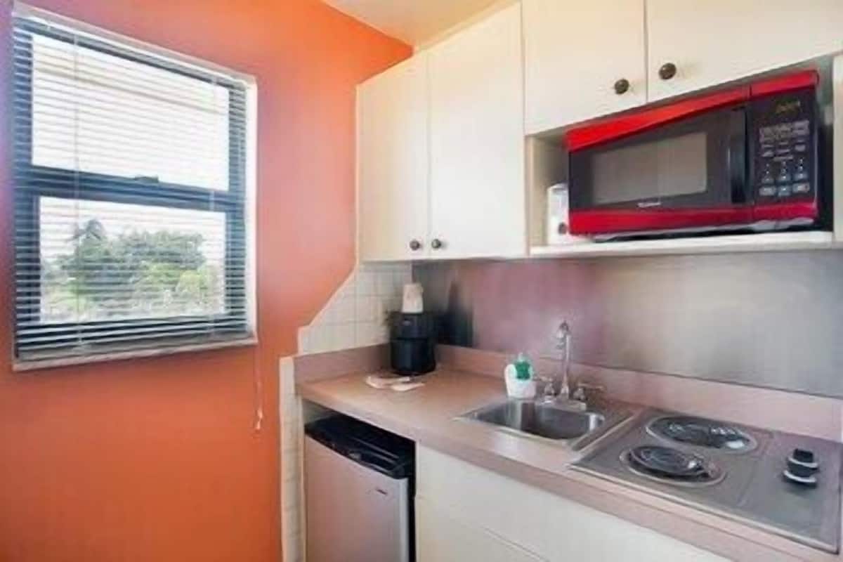 Una cocina compacta con microondas, pileta y cocina.