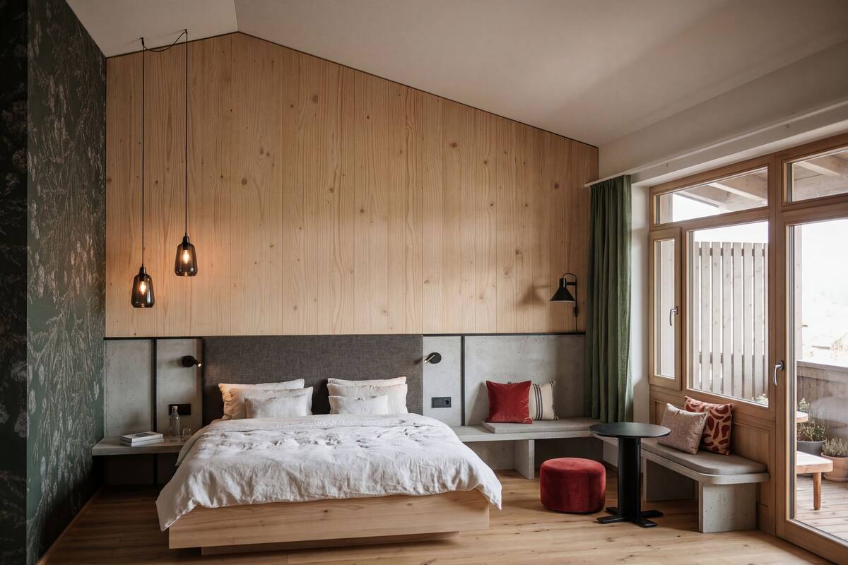 Ein modernes Schlafzimmer mit einem hölzernen Kopfteil, einem Bett mit weißer Bettwäsche, einer Bank mit Kissen und einem kleinen Tisch.