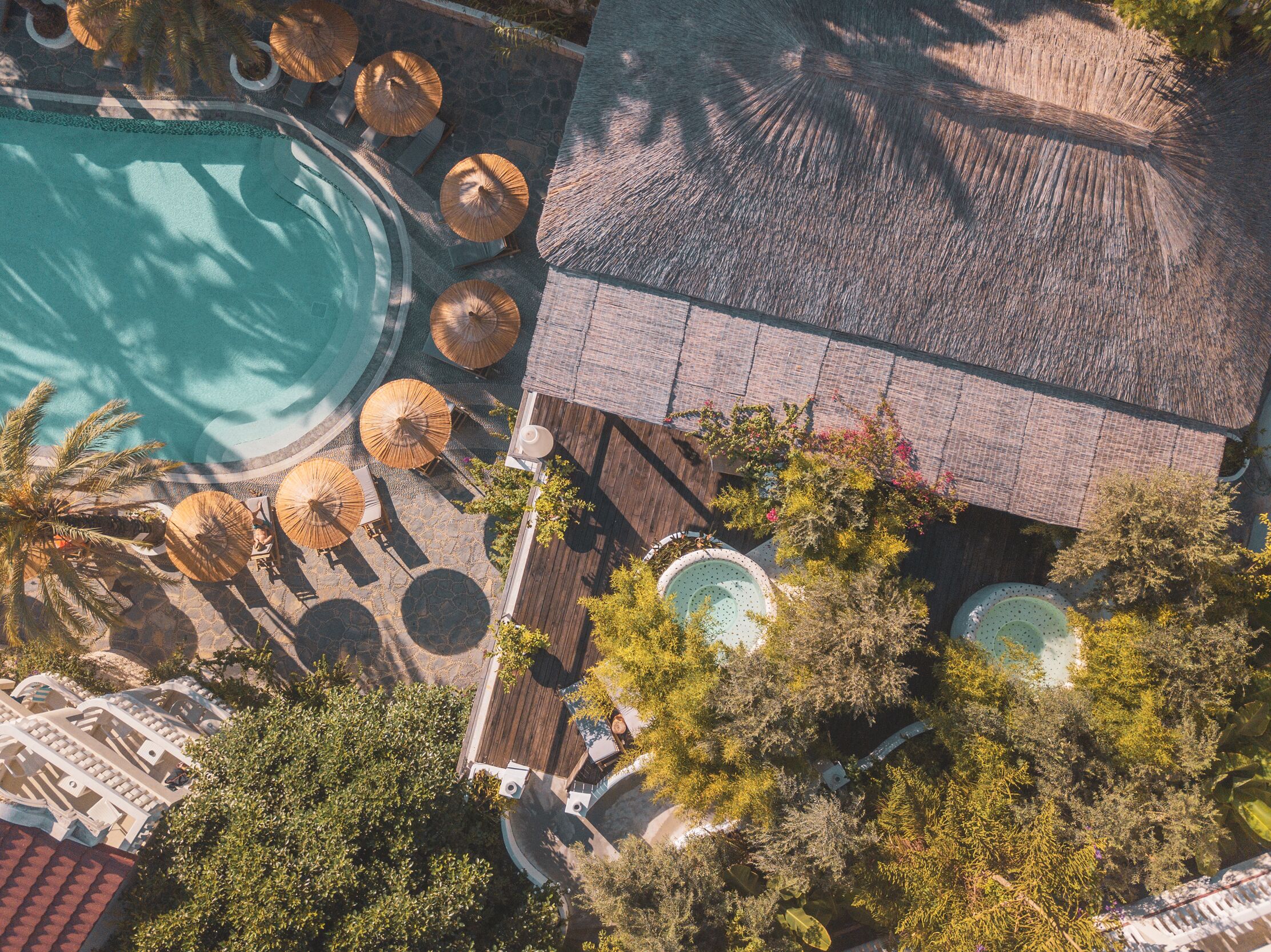 A rooftop pool area with multiple sun loungers and umbrellas, surrounded by lush greenery and a thatched-roof structure.