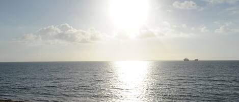 A beach with a person walking a dog, the sun reflecting on the water, and two ships in the distance.