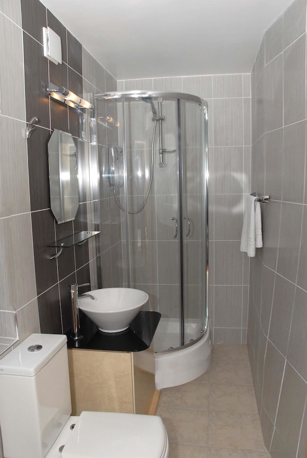 A modern bathroom with a glass-enclosed shower, a white sink, and a toilet.