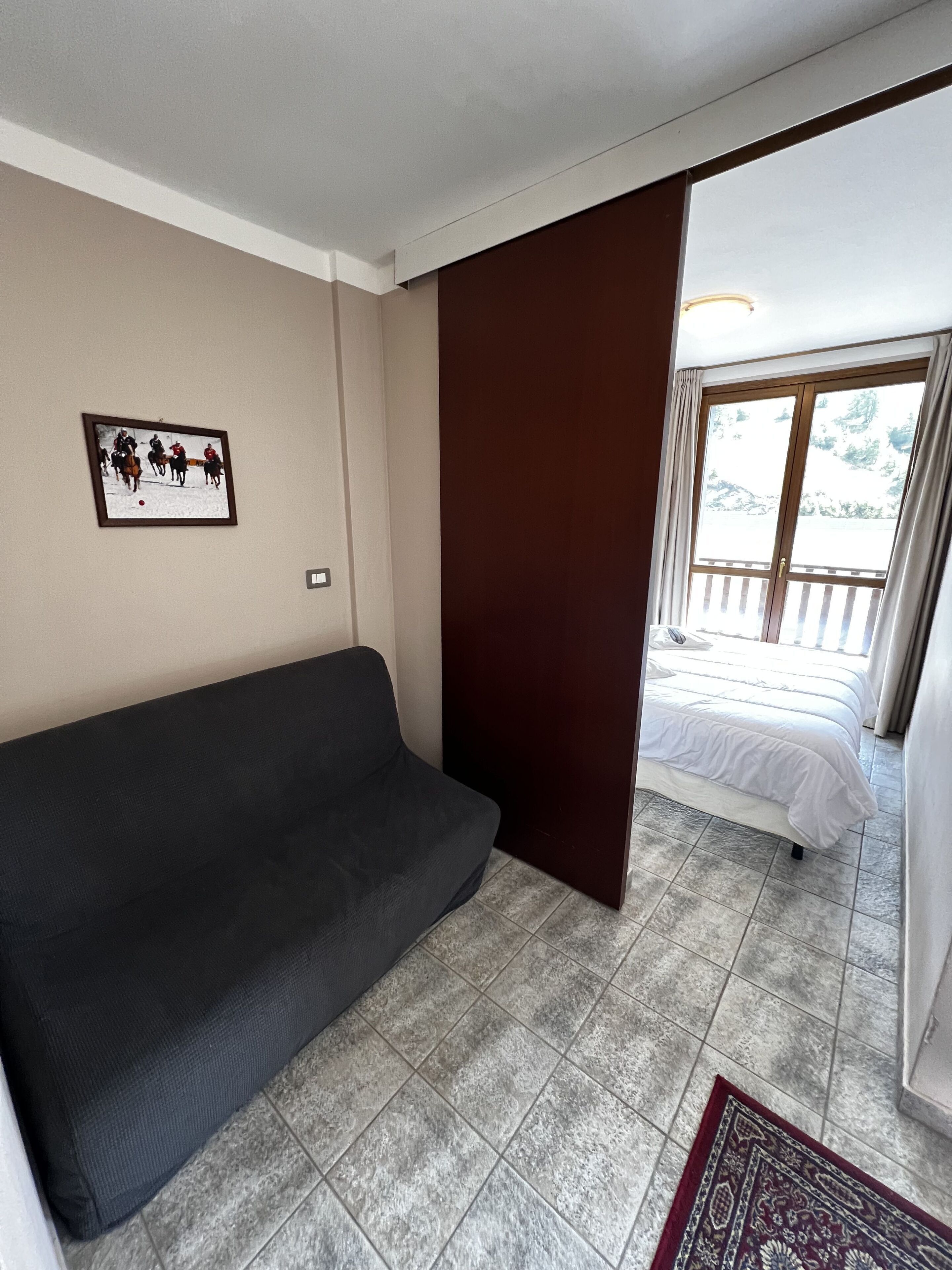 A room with a dark sofa, a framed picture on the wall, a wooden door, and a bed with a view.