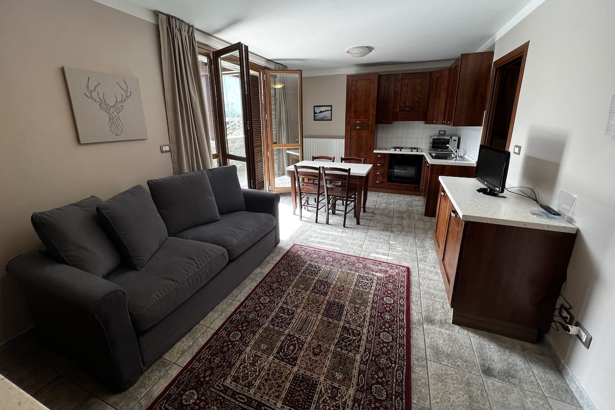 A living room with a sofa, a dining table with chairs, a kitchen area with wooden cabinets, and a TV.