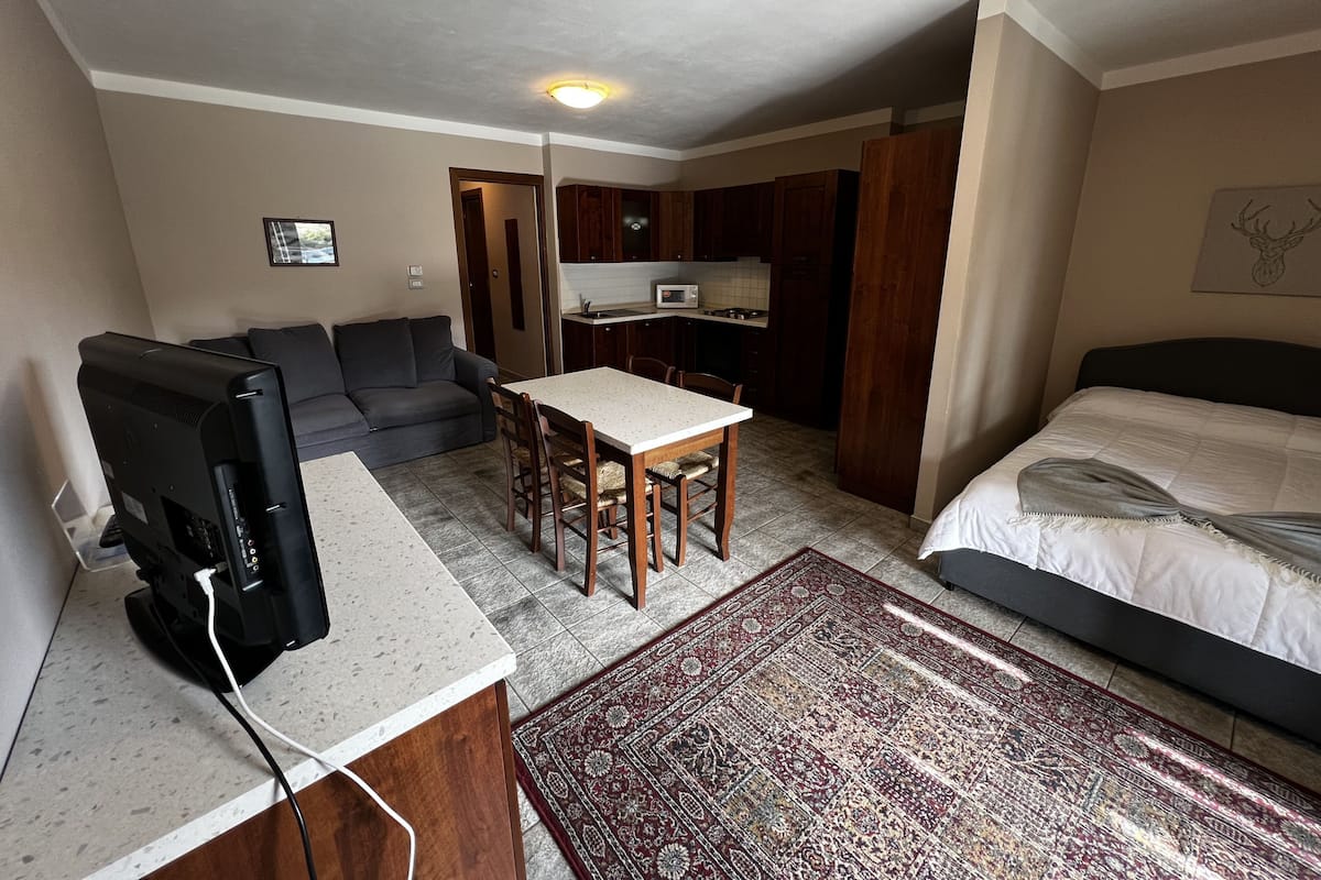 A compact room with a television, a sofa, a dining table with chairs, a kitchen area, and a bed.