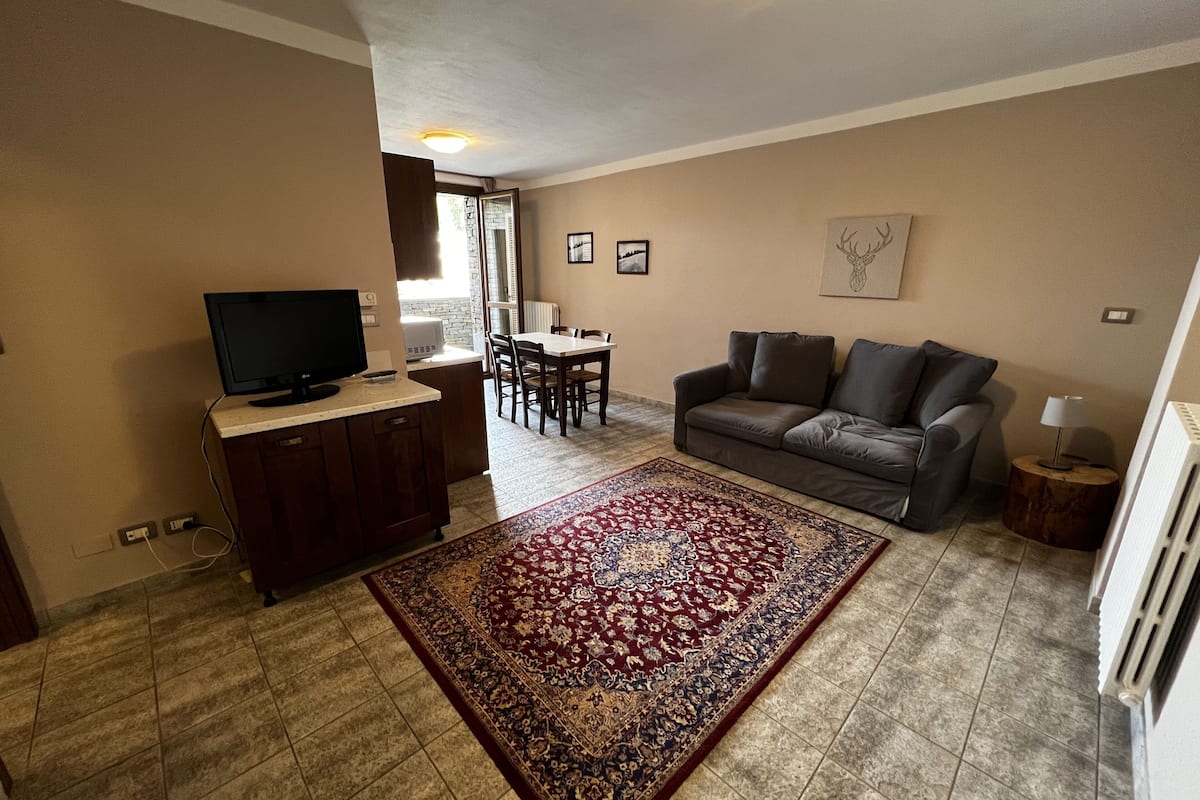 A living room with a TV, sofa, coffee table, dining table, chairs, and a rug.