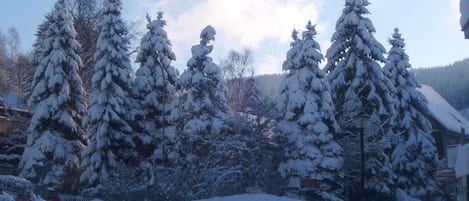 Un paysage enneigé, avec des arbres couverts de neige et un bâtiment en arrière-plan.